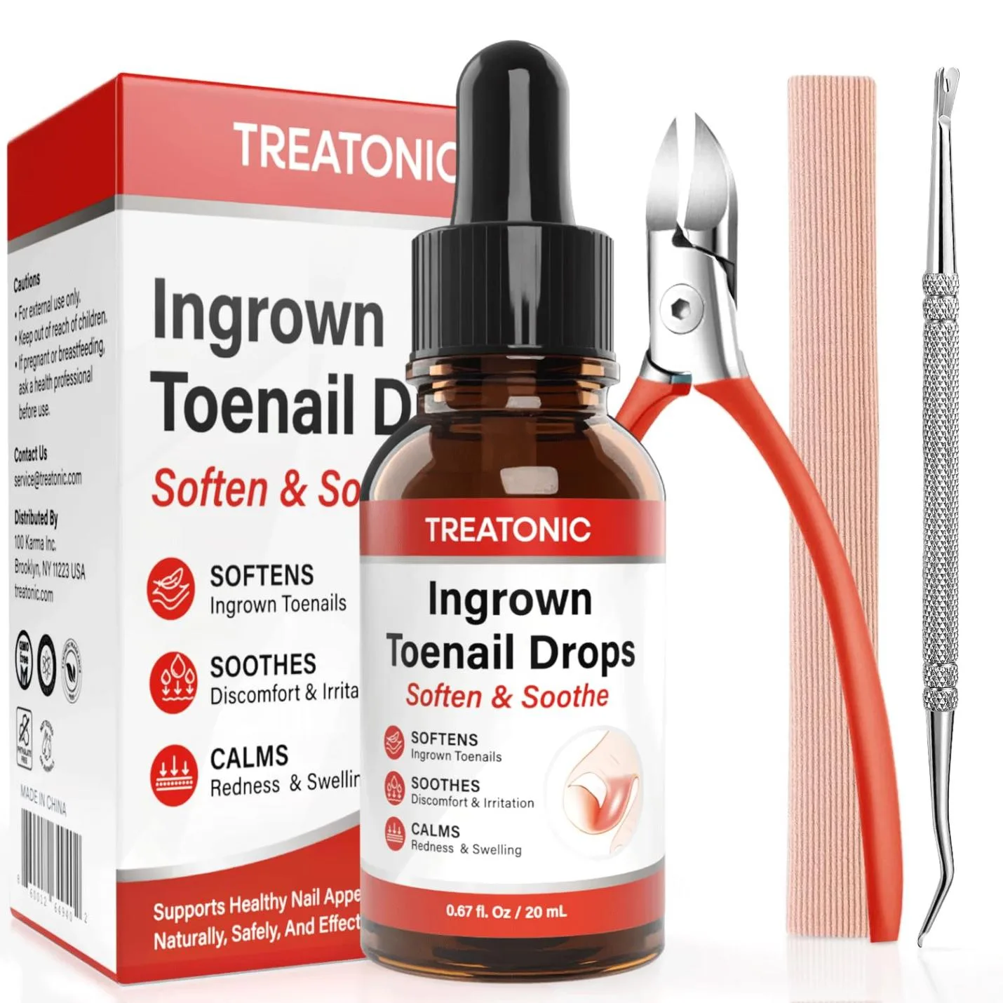 Treatonic Ingrown Toenail Treatment Kit with drops, clippers, nail lifter and toe caps